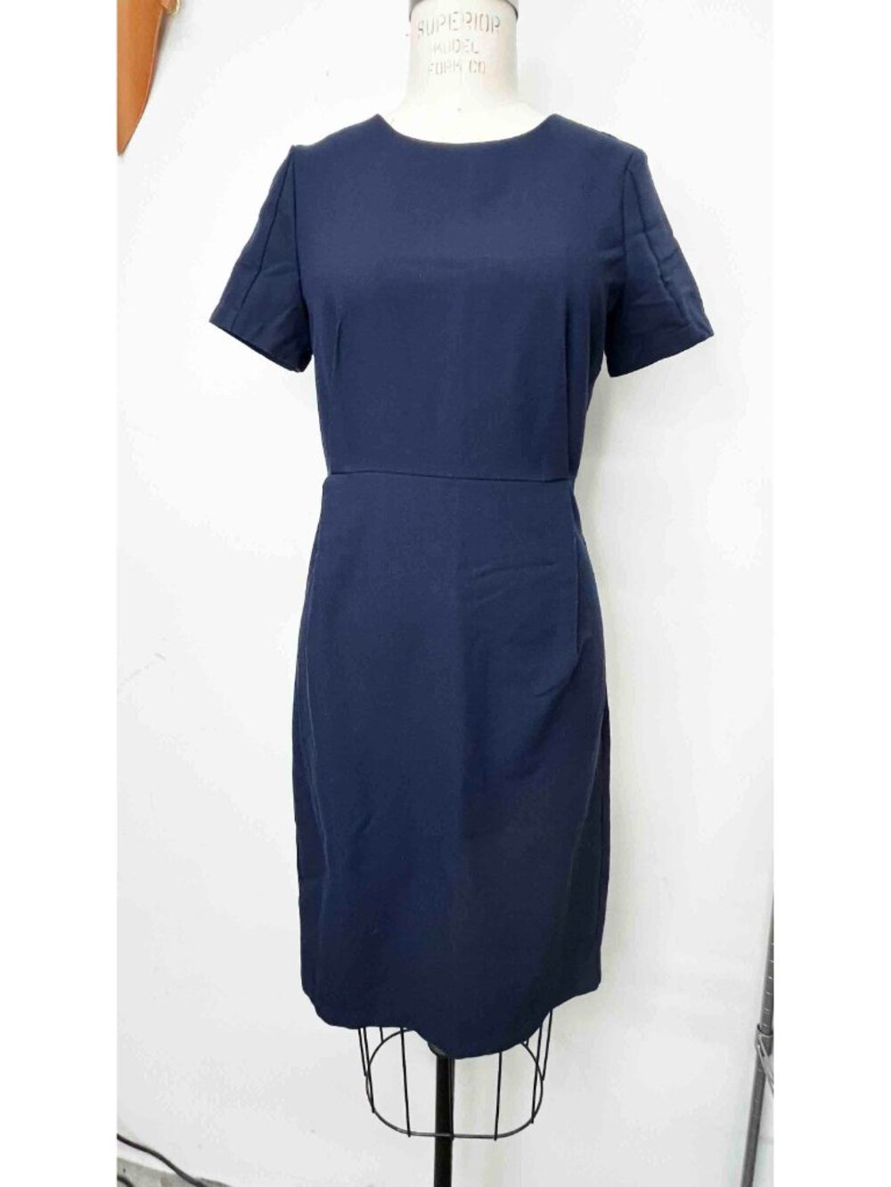 Navy Body-Skimming Midi Dress with Short Sleeves